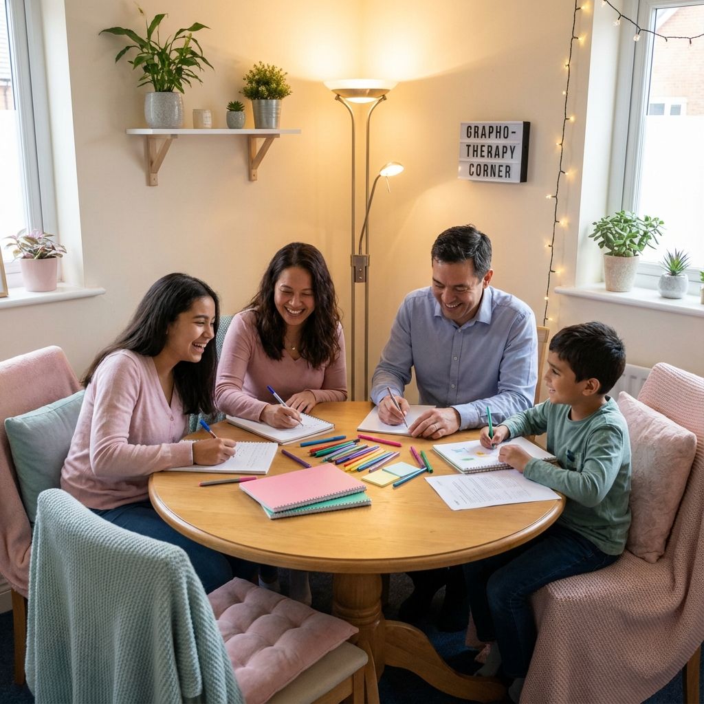 Happy family practicing handwriting together in a warm, welcoming graphotherapy session - parents and children writing with colorful pens at a round table